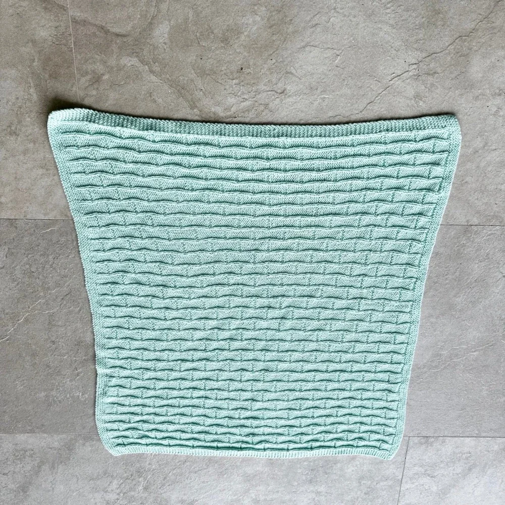 Handmade Mint Green Knit Baby Blanket Basketweave Textured Nursery Throw 33x33